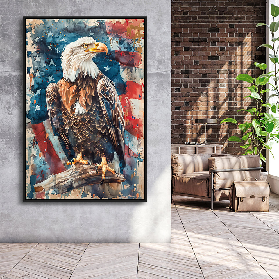 Bald Eagle Standing With American Flag Painting, Framed Canvas Prints Wall Art Decor, Floating Frame