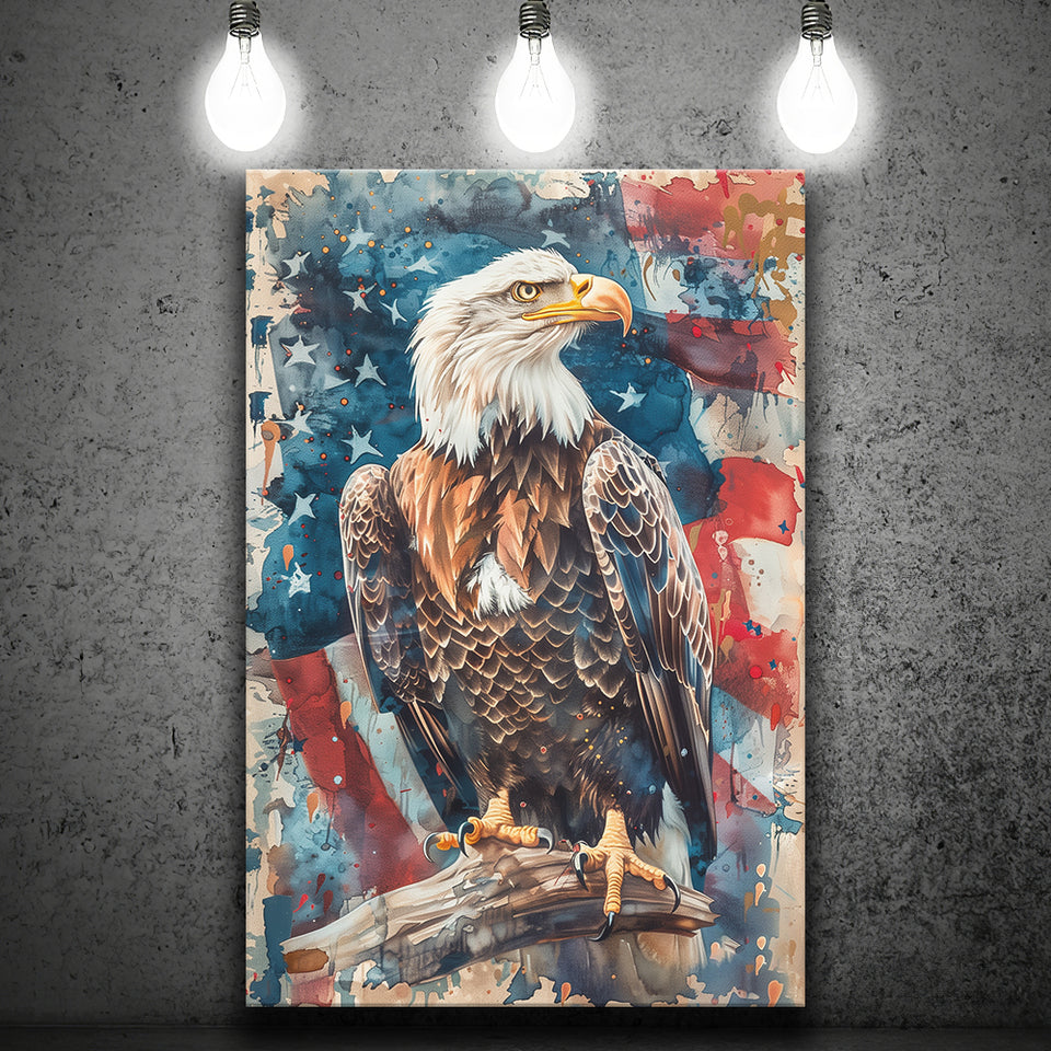 Bald Eagle Standing With American Flag Painting, Canvas Prints Wall Art Decor, Painting Canvas