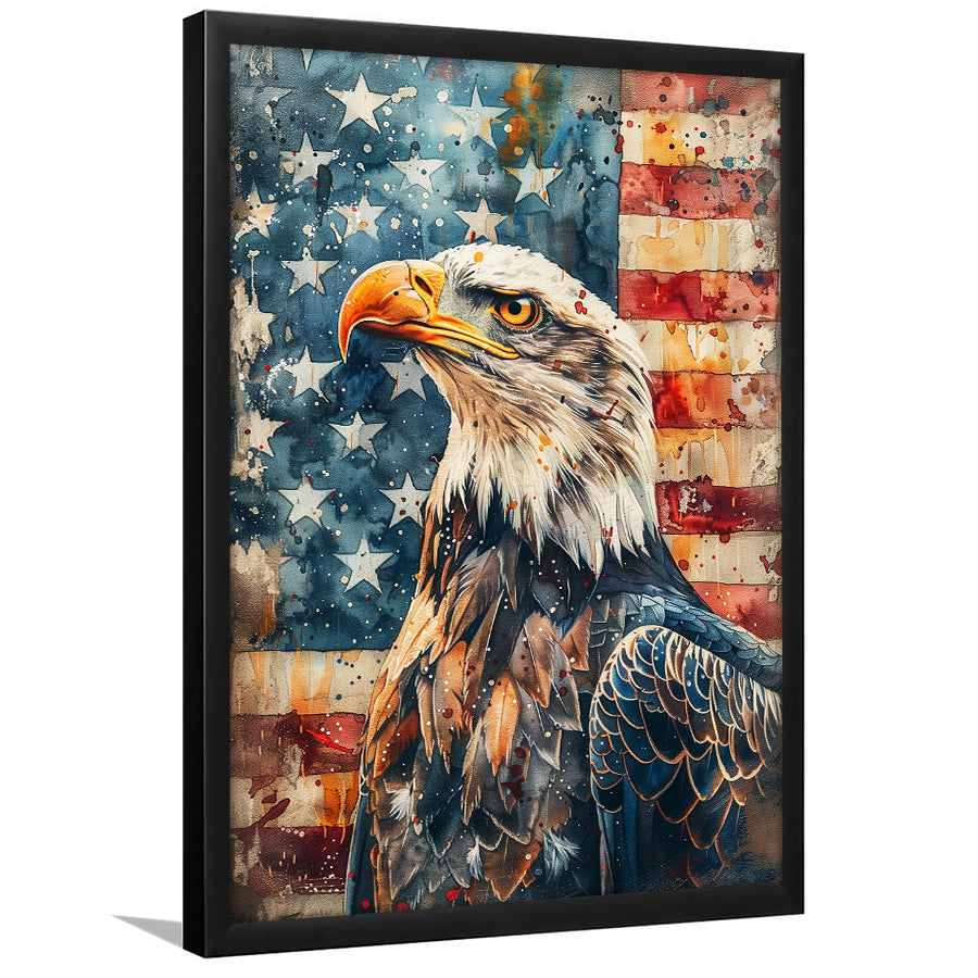 Bald Eagle Standing With American Flag V1, Framed Art Prints Wall Art Decor, Framed Picture Print