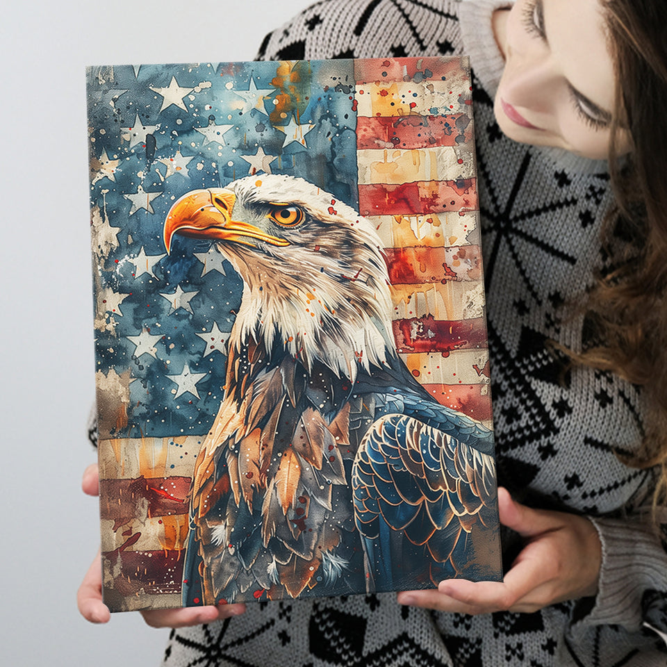 Bald Eagle Standing With American Flag V1, Canvas Prints Wall Art Decor, Painting Canvas