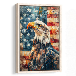 Bald Eagle Standing With American Flag V1, Framed Canvas Prints Wall Art Decor, Floating Frame