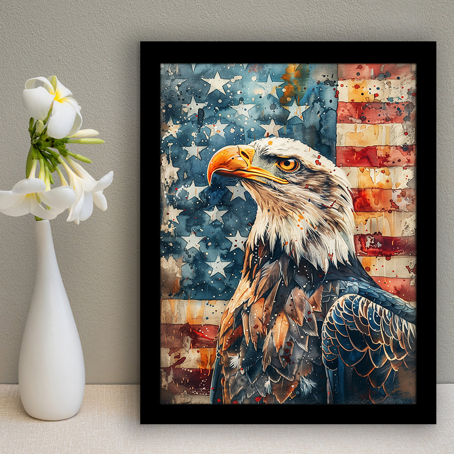 Bald Eagle Standing With American Flag V1, Framed Art Prints Wall Art Decor, Framed Picture Print