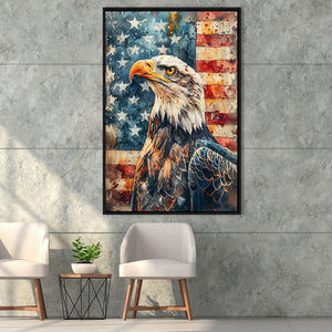 Bald Eagle Standing With American Flag V1, Framed Canvas Prints Wall Art Decor, Floating Frame