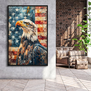 Bald Eagle Standing With American Flag V1, Framed Canvas Prints Wall Art Decor, Floating Frame