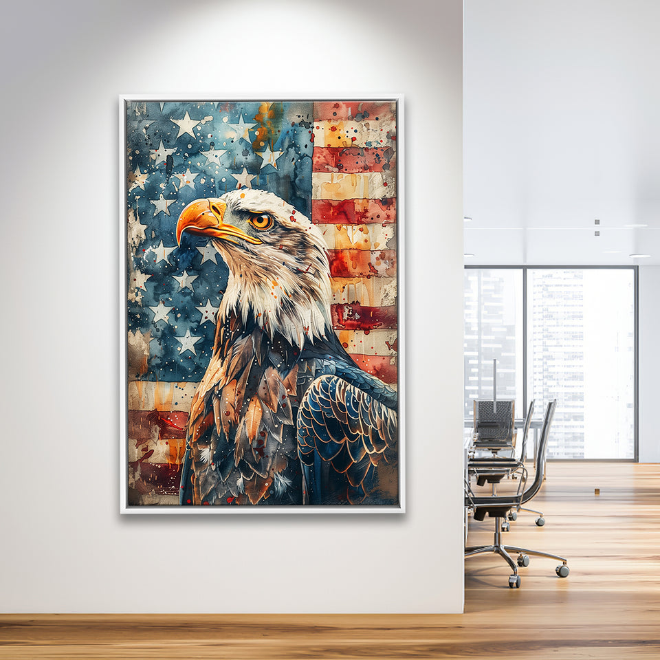 Bald Eagle Standing With American Flag V1, Framed Canvas Prints Wall Art Decor, Floating Frame