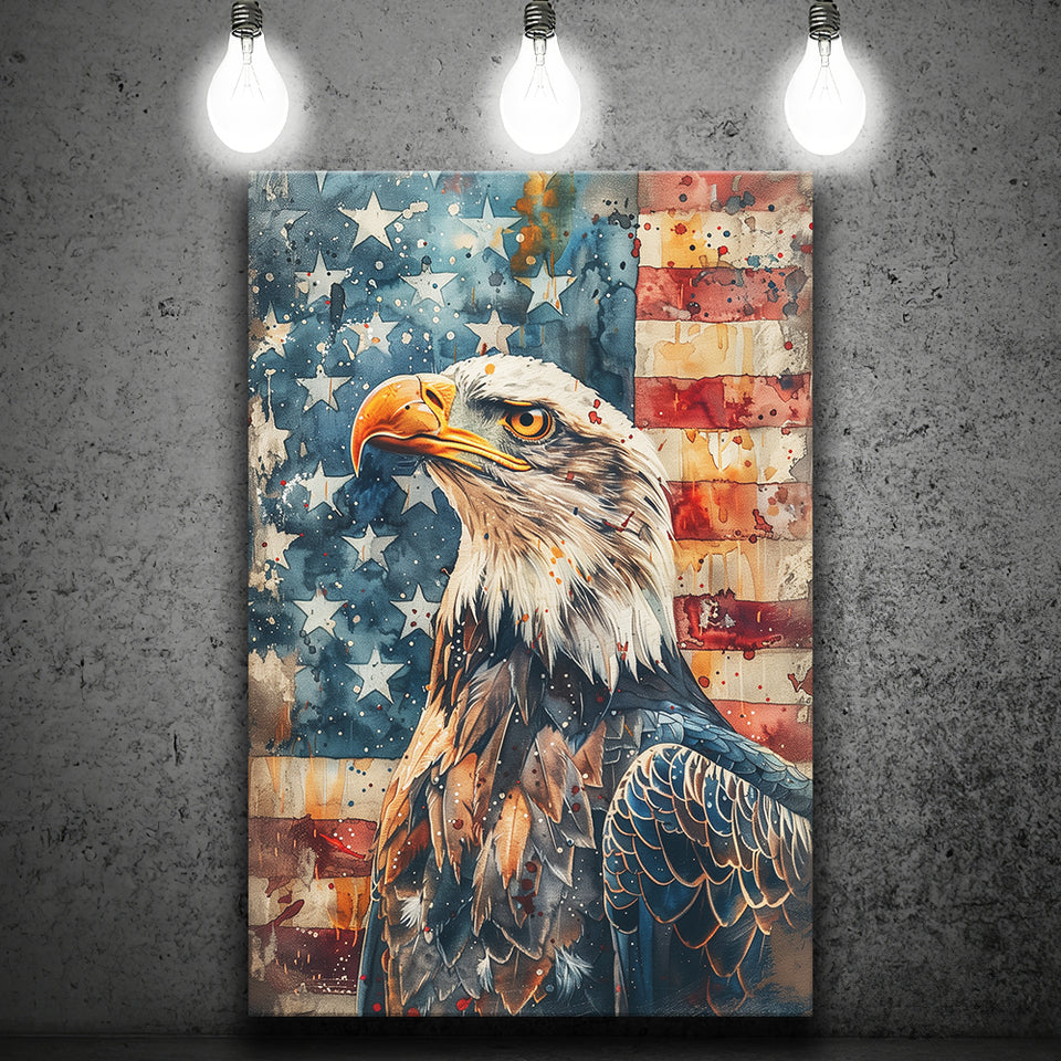 Bald Eagle Standing With American Flag V1, Canvas Prints Wall Art Decor, Painting Canvas