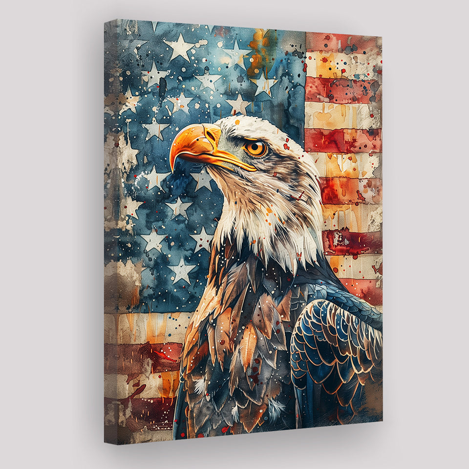 Bald Eagle Standing With American Flag V1, Canvas Prints Wall Art Decor, Painting Canvas