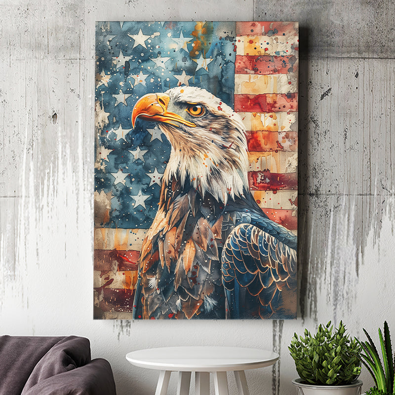 Bald Eagle Standing With American Flag V1, Canvas Prints Wall Art Decor, Painting Canvas