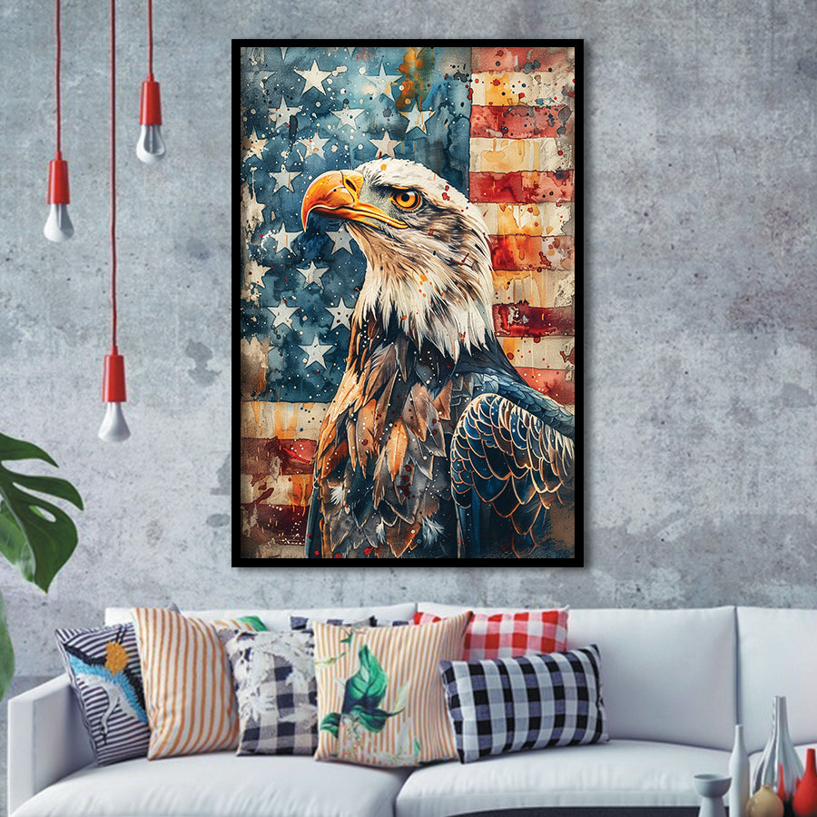 Bald Eagle Standing With American Flag V1, Framed Art Prints Wall Art Decor, Framed Picture Print