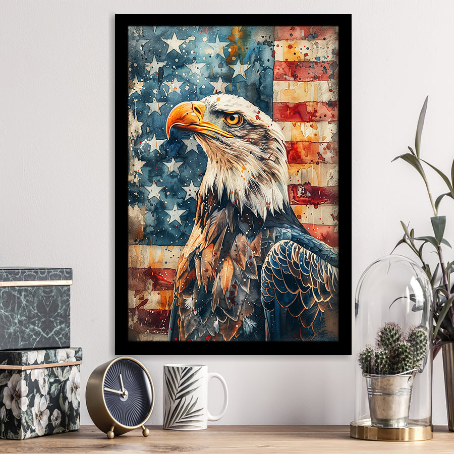 Bald Eagle Standing With American Flag V1, Framed Art Prints Wall Art Decor, Framed Picture Print