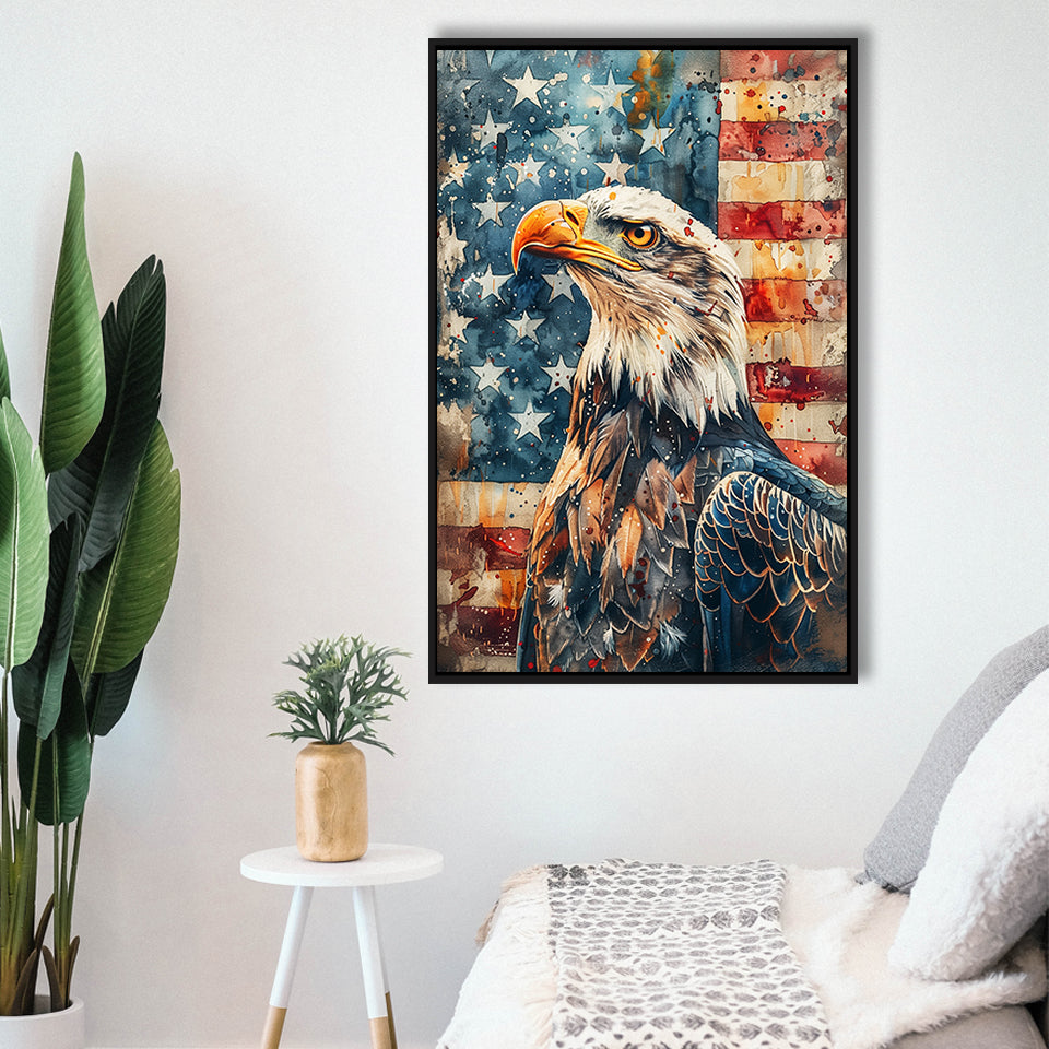 Bald Eagle Standing With American Flag V1, Framed Canvas Prints Wall Art Decor, Floating Frame