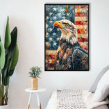 Bald Eagle Standing With American Flag V1, Framed Canvas Prints Wall Art Decor, Floating Frame