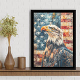 Bald Eagle Standing With American Flag V1, Framed Canvas Prints Wall Art Decor, Floating Frame