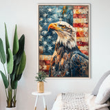 Bald Eagle Standing With American Flag V1, Framed Canvas Prints Wall Art Decor, Floating Frame