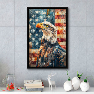 Bald Eagle Standing With American Flag V1, Framed Canvas Prints Wall Art Decor, Floating Frame