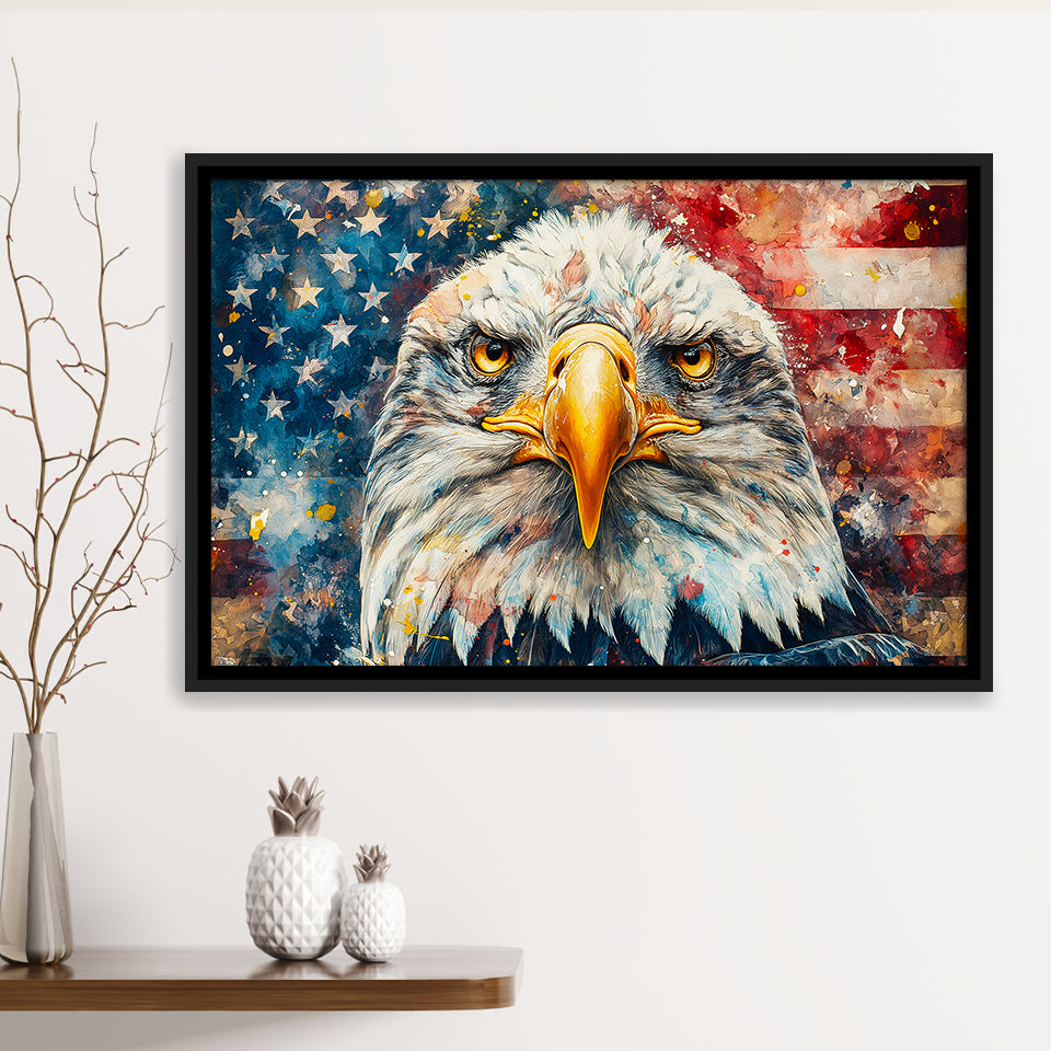 Bald Eagle  and American Flag Painting, Floating Frame, Framed Canvas Print Wall Art Home Decor