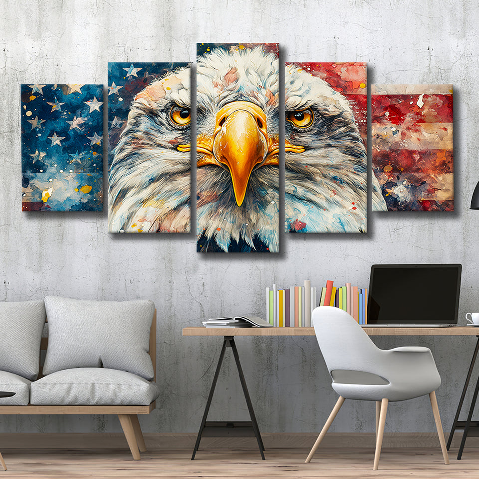 Bald Eagle  and American Flag Painting, Multi Panel,Mixed Canvas Print Wall Art Decor