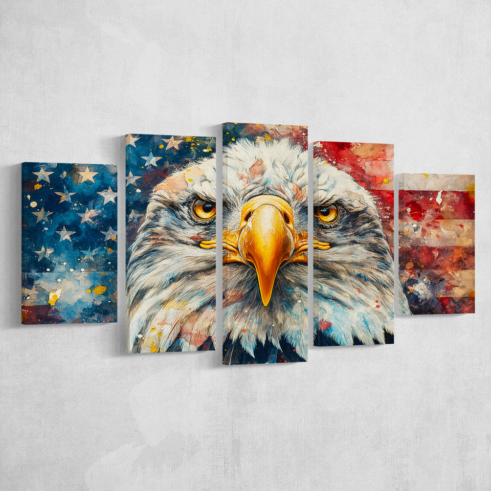 Bald Eagle  and American Flag Painting, Multi Panel,Mixed Canvas Print Wall Art Decor