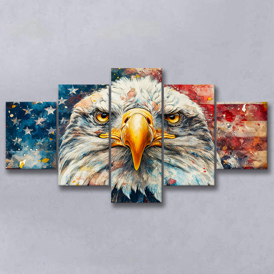 Bald Eagle  and American Flag Painting, Multi Panel,Mixed Canvas Print Wall Art Decor