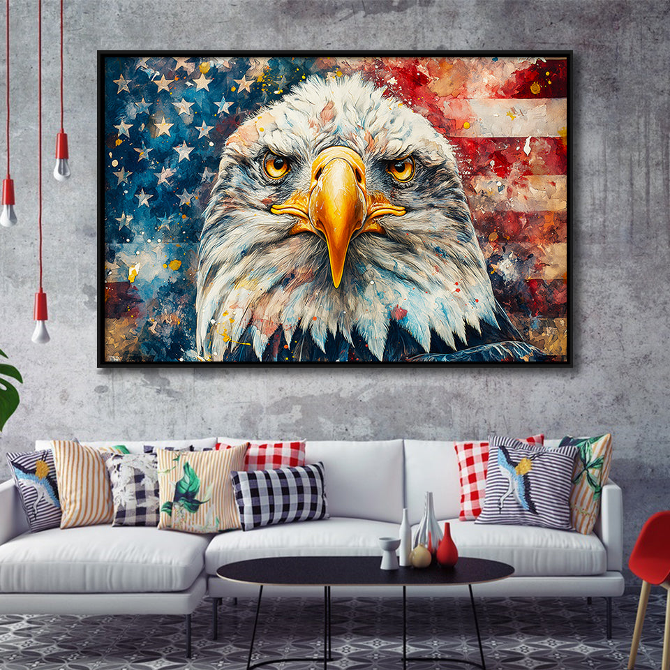 Bald Eagle  and American Flag Painting, Floating Frame, Framed Canvas Print Wall Art Home Decor