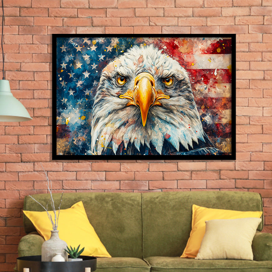 Bald Eagle  and American Flag Painting, Painting Art, Framed Art Print Wall Art Home Decor