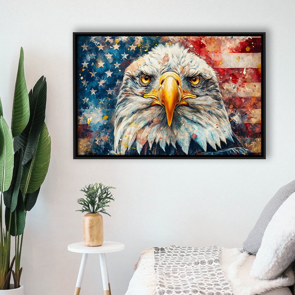 Bald Eagle  and American Flag Painting, Floating Frame, Framed Canvas Print Wall Art Home Decor