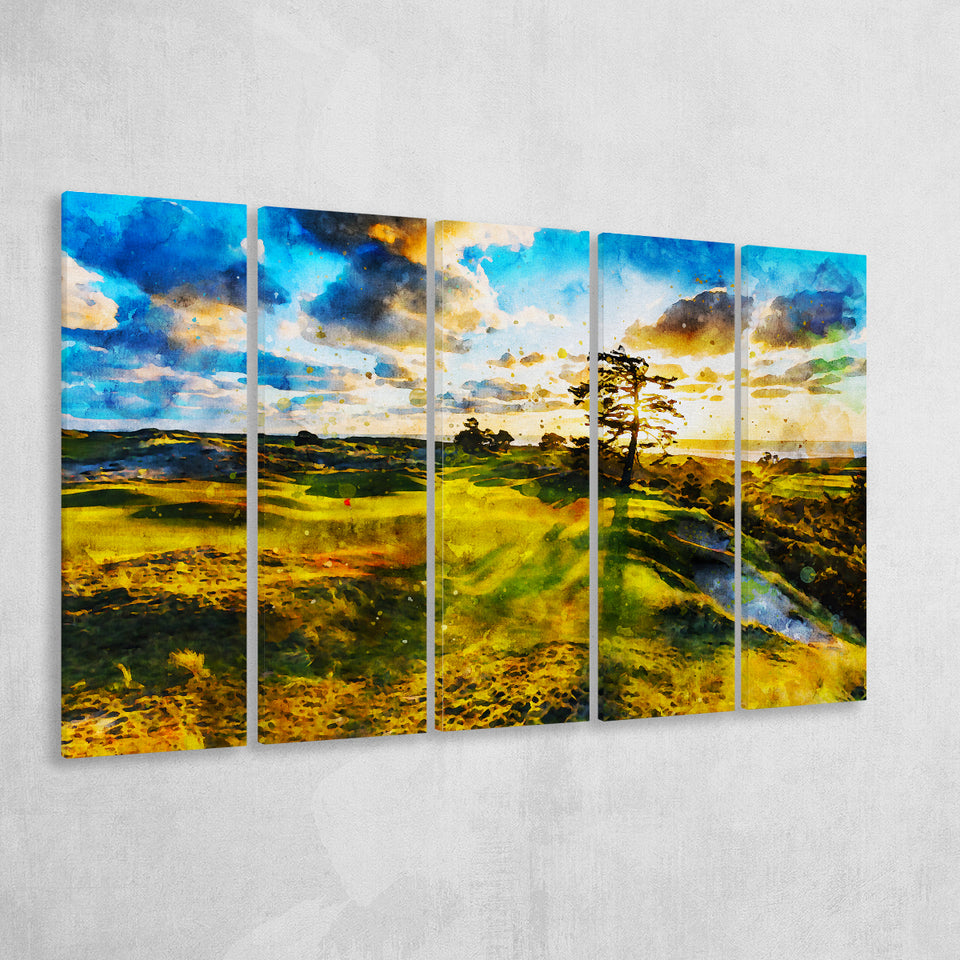 Bandon Preserve Golf Course In Sunset - Hole 11, Golf Art Print, Extra Large 5 Panel, Canvas Prints Wall Art