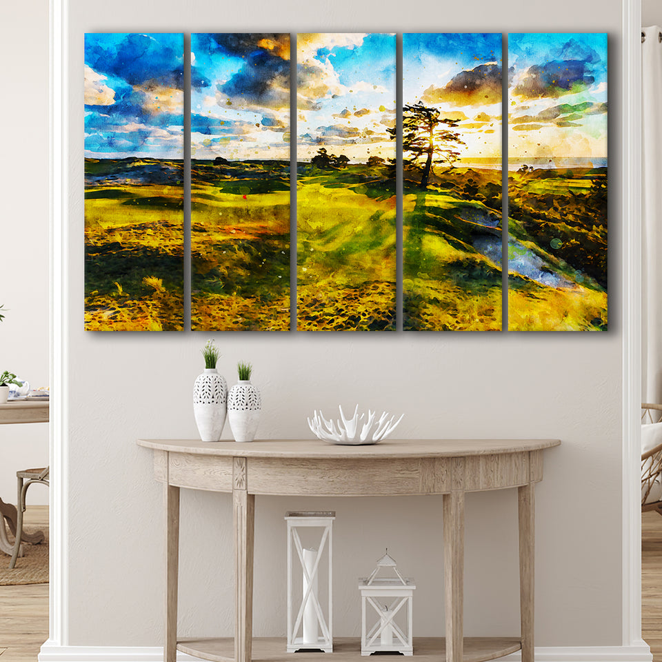 Bandon Preserve Golf Course In Sunset - Hole 11, Golf Art Print, Extra Large 5 Panel, Canvas Prints Wall Art