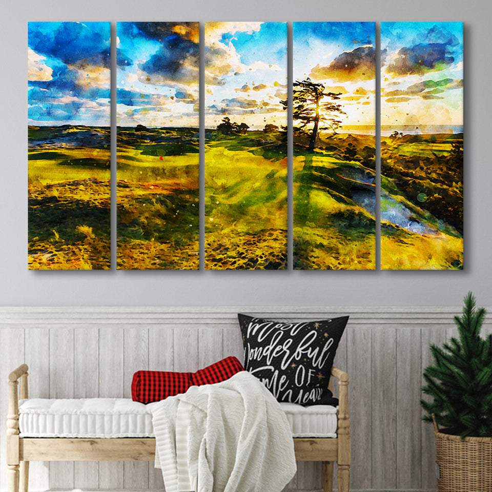 Bandon Preserve Golf Course In Sunset - Hole 11, Golf Art Print, Extra Large 5 Panel, Canvas Prints Wall Art
