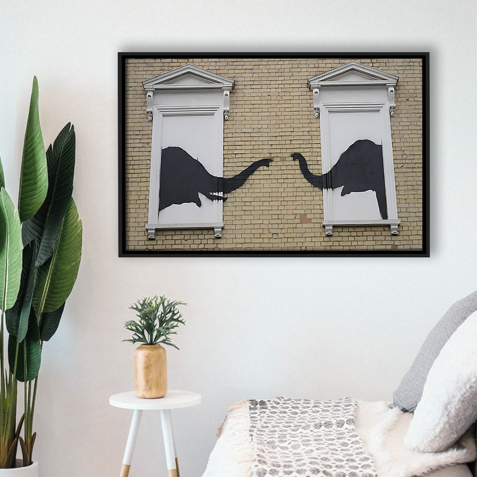 Banksy Style Elephant Canvas Art,Pop Art Elephant Looking Out Window, Framed Canvas Print Wall Art Decor,Floating Frame
