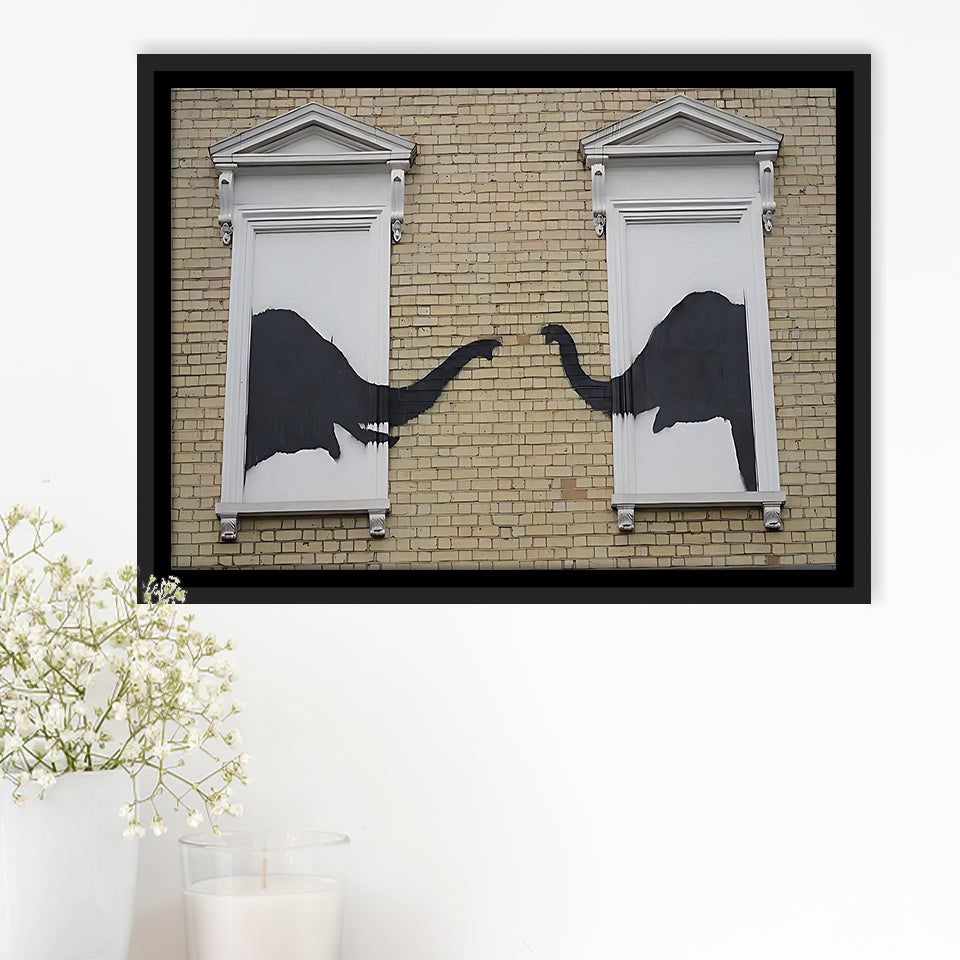 Banksy Style Elephant Canvas Art,Pop Art Elephant Looking Out Window, Framed Canvas Print Wall Art Decor,Floating Frame