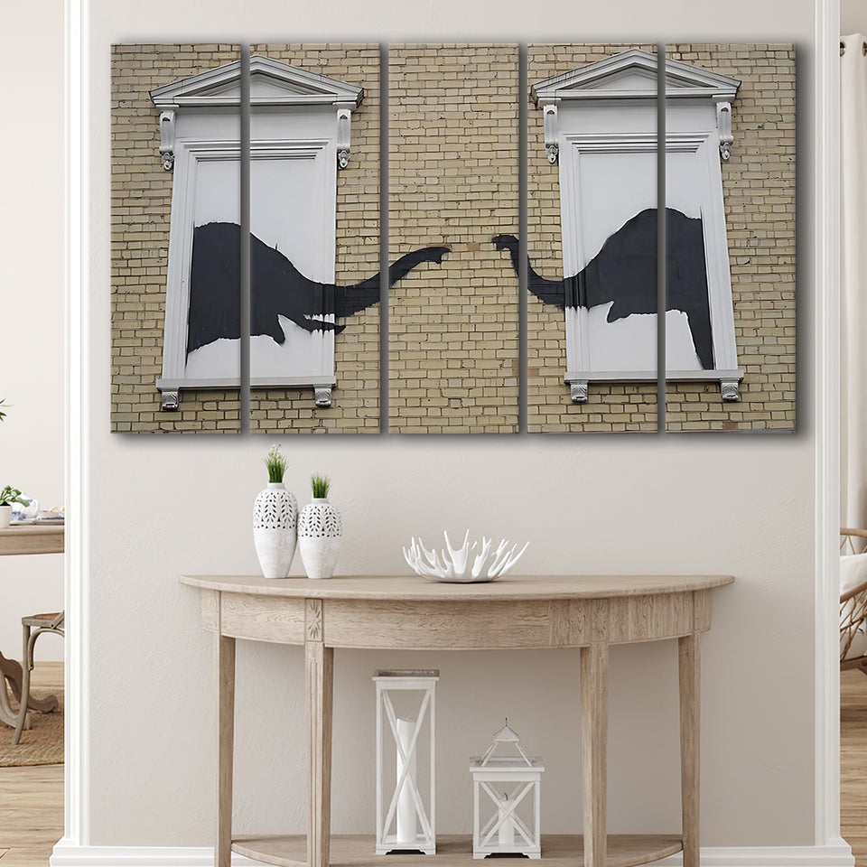 Banksy Style Elephant Canvas Art,Pop Art Elephant Looking Out Window, Extra Large Multi 5 Panel Canvas Print Wall Art Decor