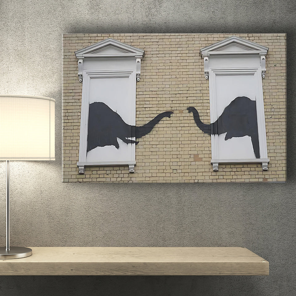 Banksy Style Elephant Canvas Art,Pop Art Elephant Looking Out Window, Canvas Print Wall Art Decor, Landscape Art Print