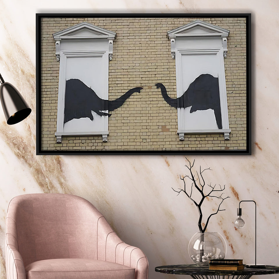 Banksy Style Elephant Canvas Art,Pop Art Elephant Looking Out Window, Framed Canvas Print Wall Art Decor,Floating Frame