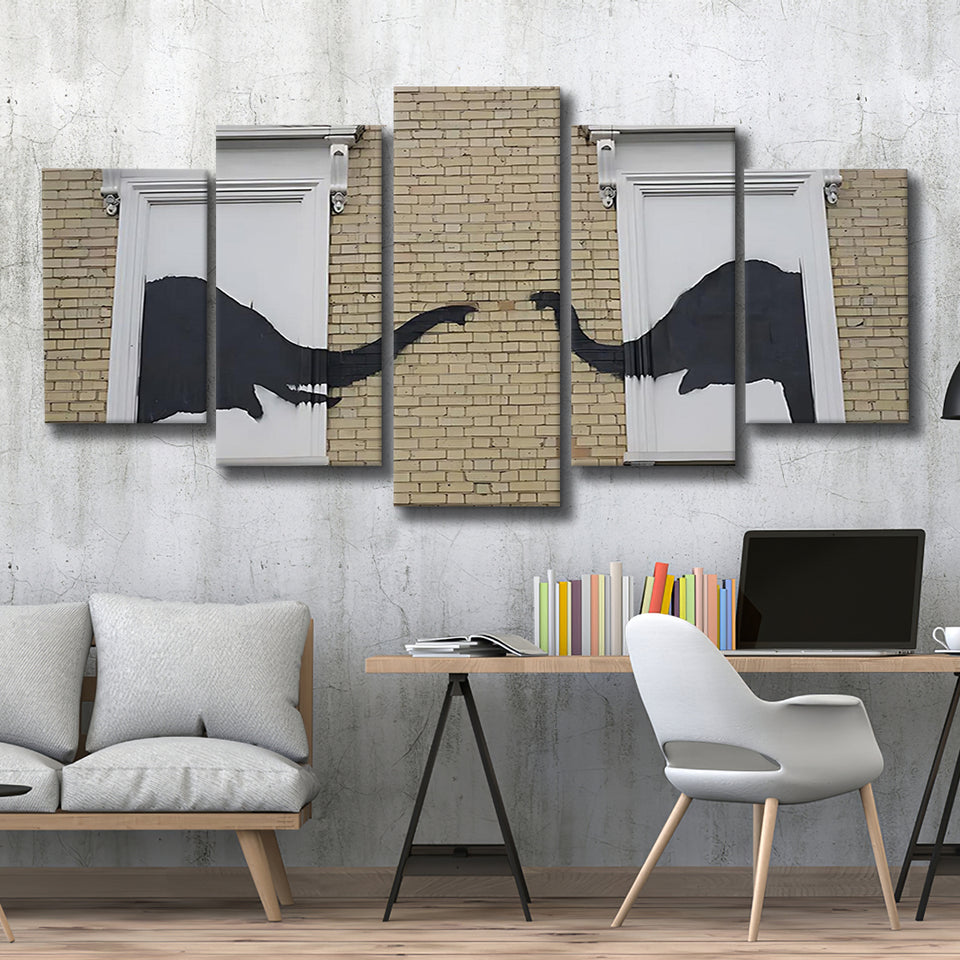 Banksy Style Elephant Canvas Art,Pop Art Elephant Looking Out Window, Multi Panel Canvas Print Wall Art Decor, 5 Mixed Panel