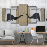 Banksy Style Elephant Canvas Art,Pop Art Elephant Looking Out Window, Multi Panel Canvas Print Wall Art Decor, 5 Mixed Panel