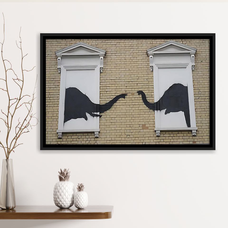 Banksy Style Elephant Canvas Art,Pop Art Elephant Looking Out Window, Framed Canvas Print Wall Art Decor,Floating Frame