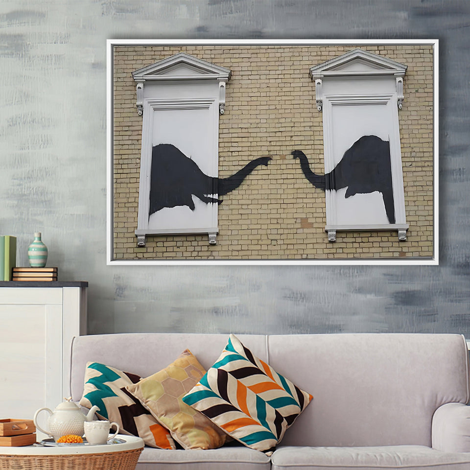 Banksy Style Elephant Canvas Art,Pop Art Elephant Looking Out Window, Framed Canvas Print Wall Art Decor,Floating Frame