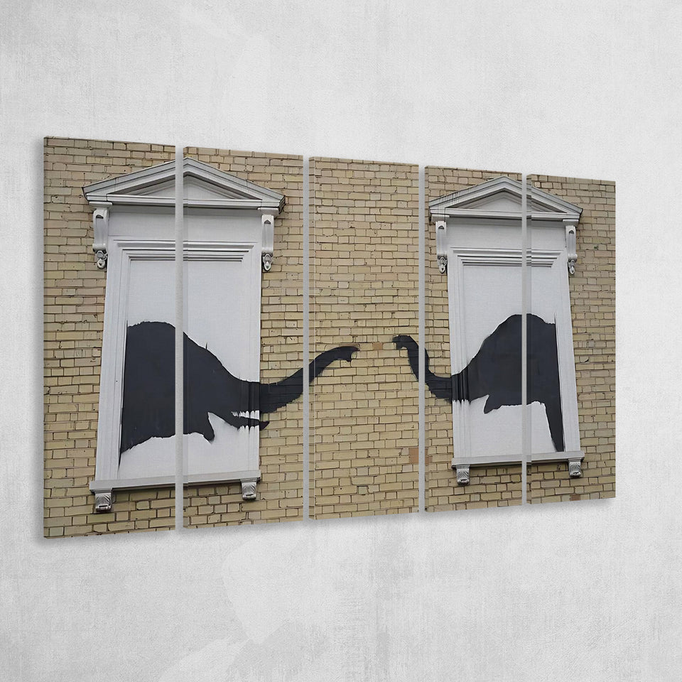 Banksy Style Elephant Canvas Art,Pop Art Elephant Looking Out Window, Extra Large Multi 5 Panel Canvas Print Wall Art Decor