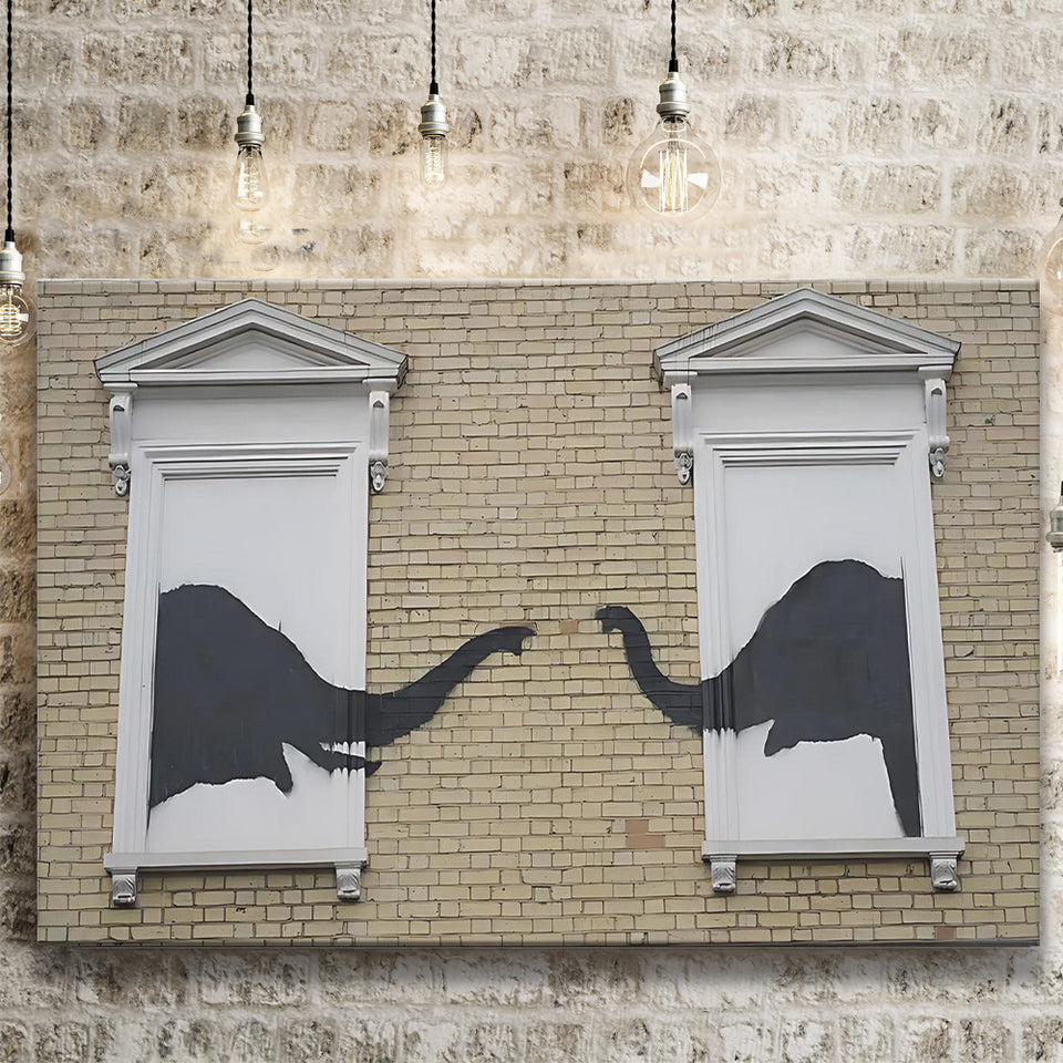 Banksy Style Elephant Canvas Art,Pop Art Elephant Looking Out Window, Canvas Print Wall Art Decor, Landscape Art Print