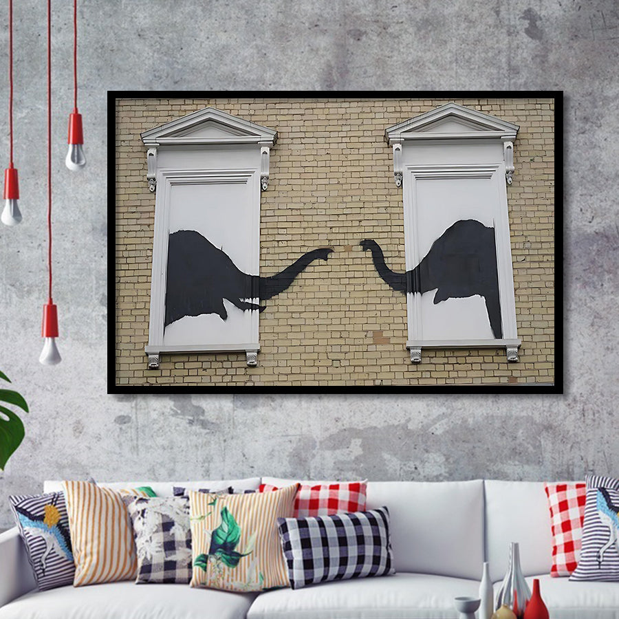 Banksy Style Elephant,Pop Art Elephant Looking Out Window, Framed Art Print Wall Decor, Framed Picture