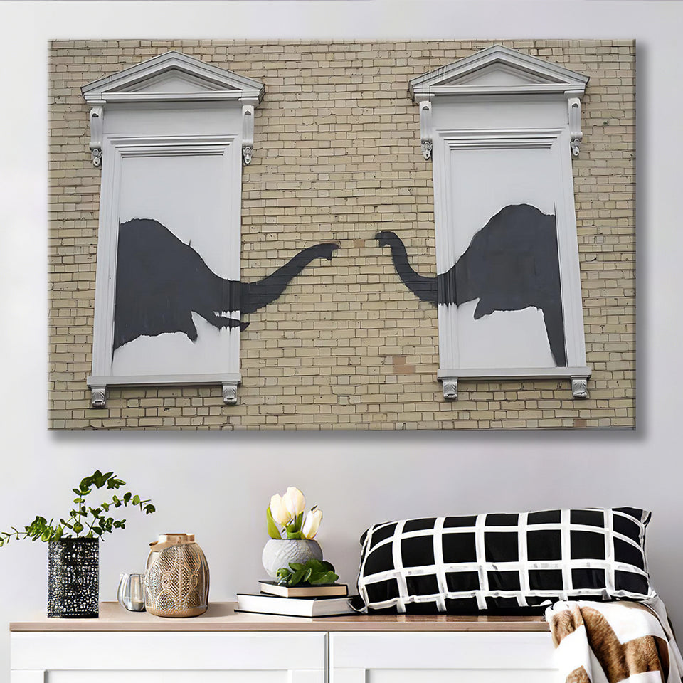 Banksy Style Elephant Canvas Art,Pop Art Elephant Looking Out Window, Canvas Print Wall Art Decor, Landscape Art Print
