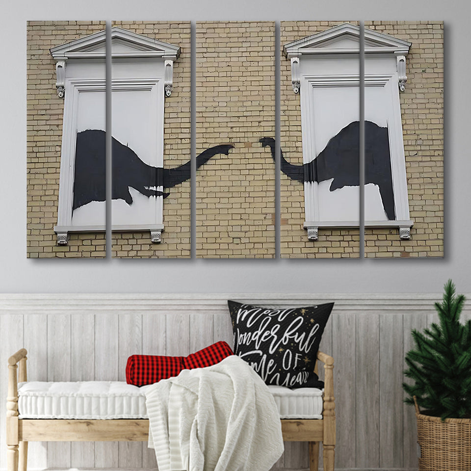 Banksy Style Elephant Canvas Art,Pop Art Elephant Looking Out Window, Extra Large Multi 5 Panel Canvas Print Wall Art Decor