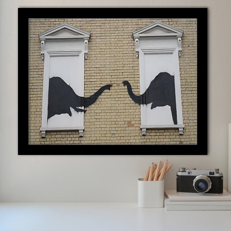 Banksy Style Elephant,Pop Art Elephant Looking Out Window, Framed Art Print Wall Decor, Framed Picture