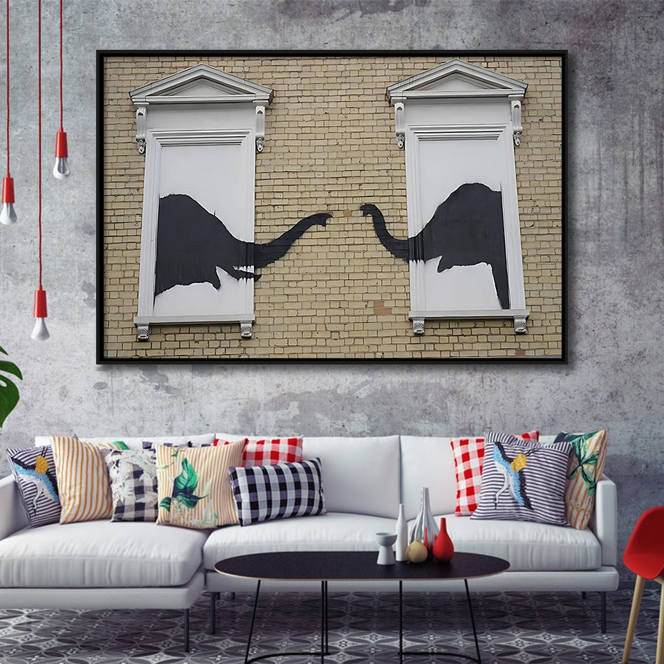 Banksy Style Elephant Canvas Art,Pop Art Elephant Looking Out Window, Framed Canvas Print Wall Art Decor,Floating Frame