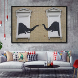 Banksy Style Elephant Canvas Art,Pop Art Elephant Looking Out Window, Framed Canvas Print Wall Art Decor,Floating Frame