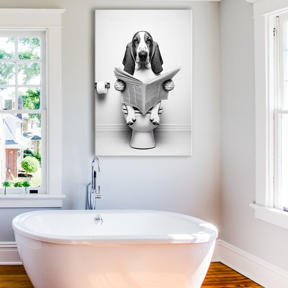 Basset Hound Canvas Prints Wall Art, Funny Bathroom Decor, Basset Hound in Toilet