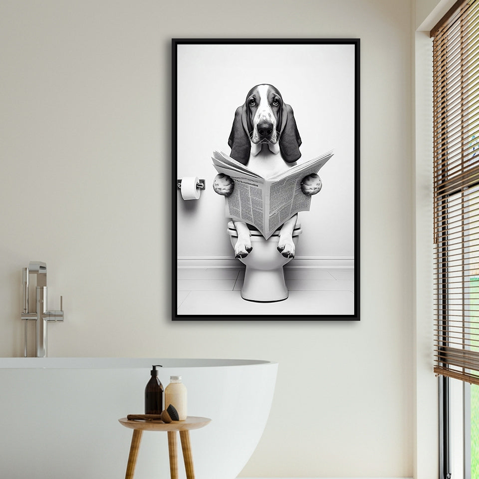 Basset Hound Framed Canvas Prints Wall Art, Funny Bathroom Decor, Basset Hound In Toilet