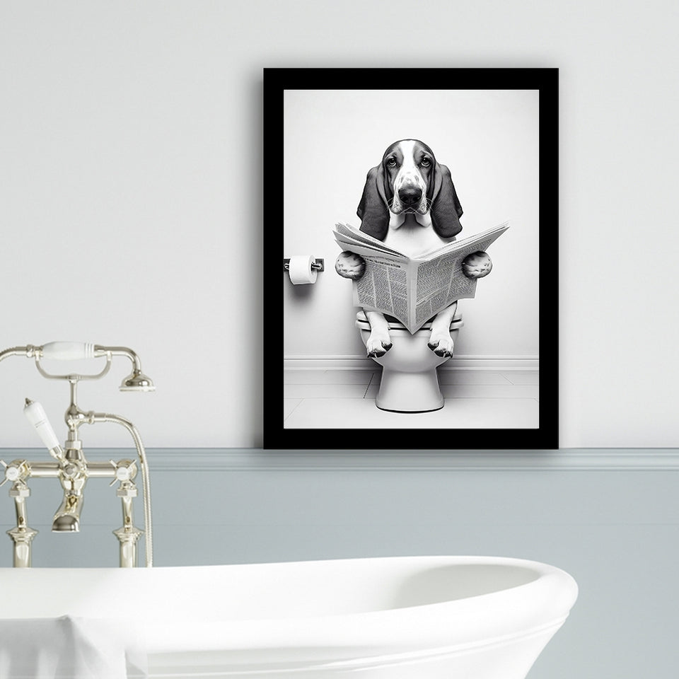 Basset Hound Framed Art Print Wall Decor, Funny Bathroom Decor, Basset Hound In Toilet