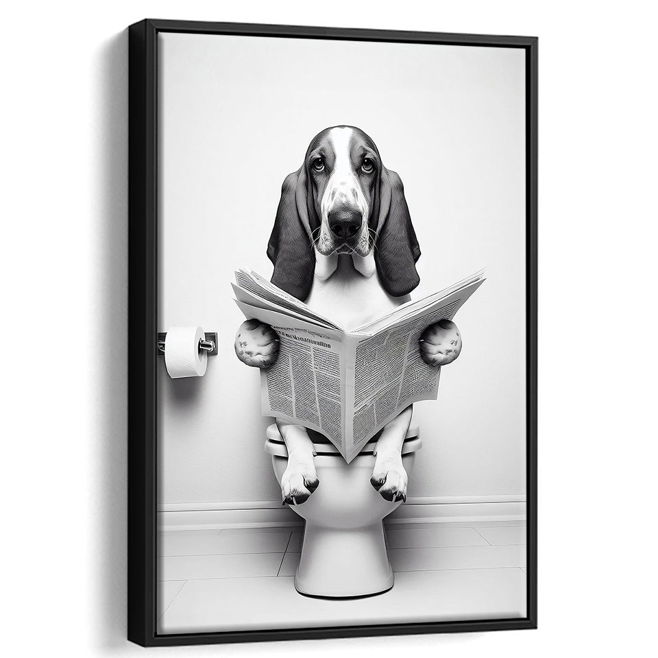 Basset Hound Framed Canvas Prints Wall Art, Funny Bathroom Decor, Basset Hound In Toilet